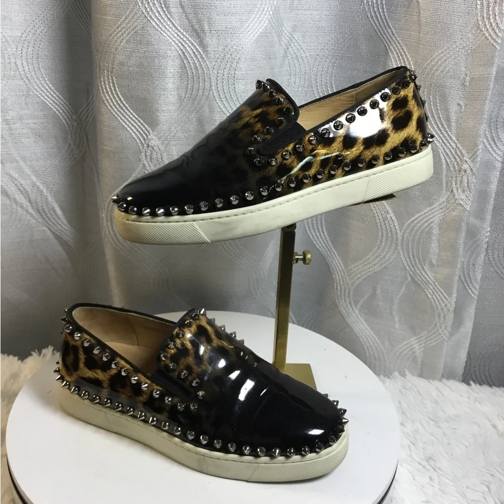 Christian Louboutin Black Patent & Leopard Spike Trim Slip-On Sneakers